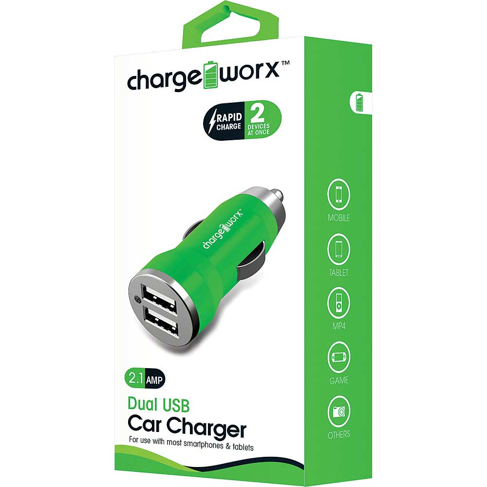 CHARGE WORX DUAL USB Y SHAPE CAR CHARGER GREEN